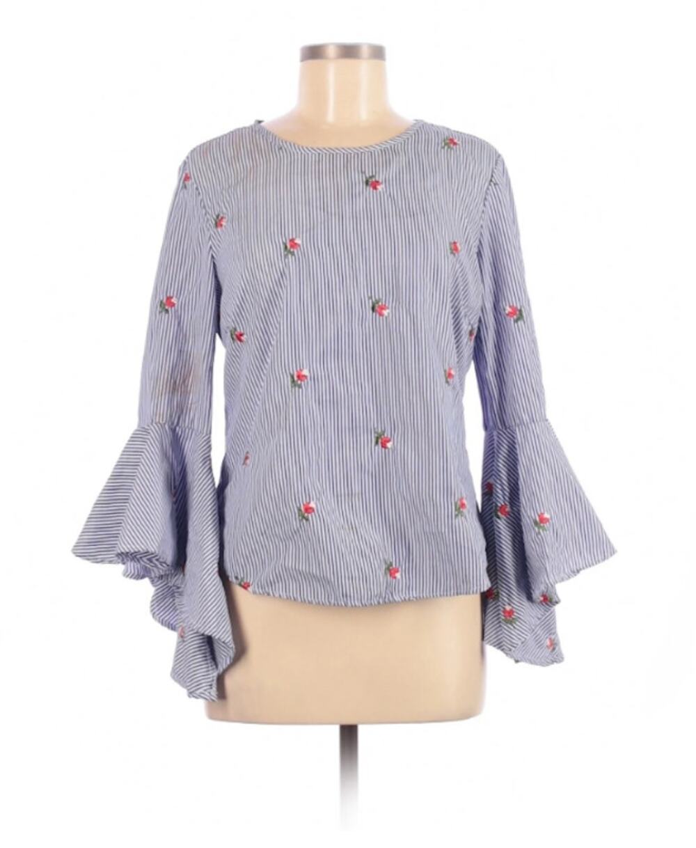 KONTROL Contemporary Long Sleeve Blouse Medium Floral Embroidered Blue Stripes